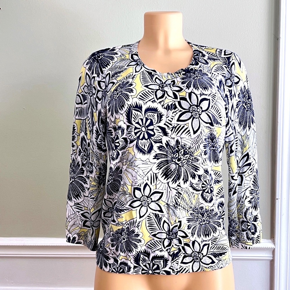 Talbots‎ Sweater Top Cardigan P S Yellow Navy Floral Print 3/4 Sleeve Grandma